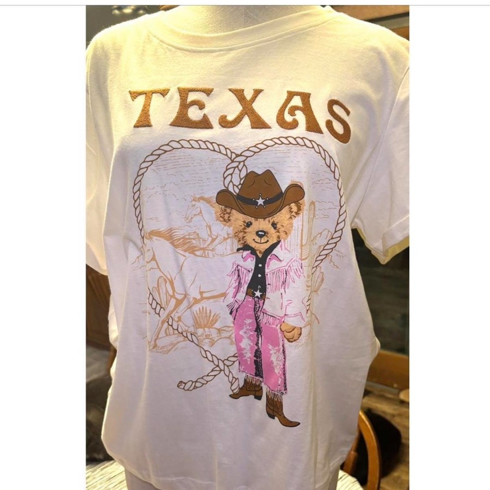 Marshalls Texas Cowboy Bear Kids T-Shirt - White and Pink